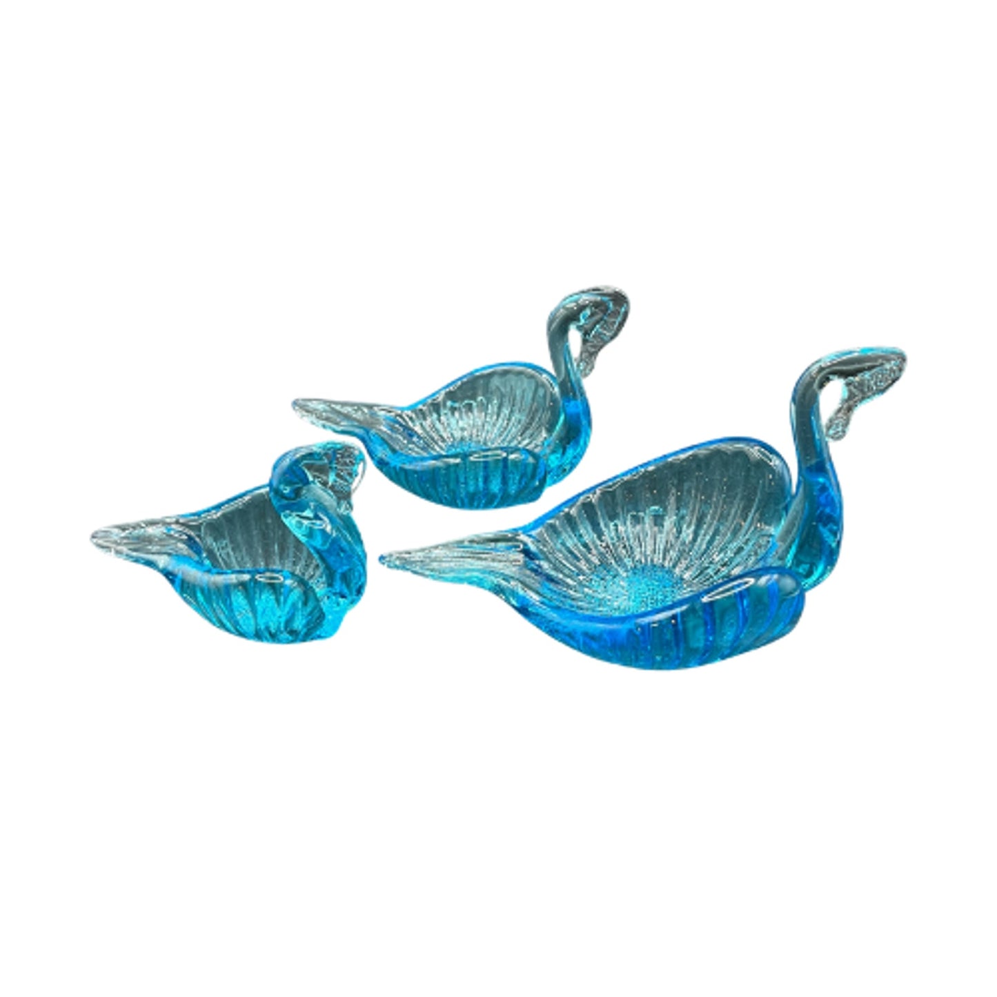 Vintage Blown Glass Nesting Swans Set Blue Turquoise Art Glass Figurines w/ Glow