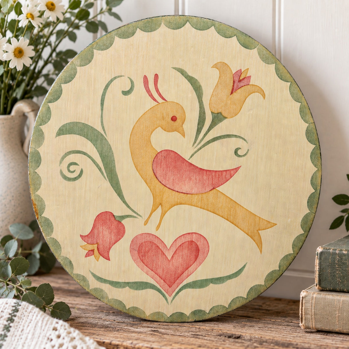 Vintage Pennsylvania Dutch Folk Art Hex Sign Distelfink Bird Wooden Wall Art
