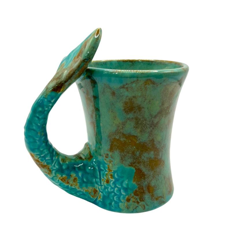 Vintage Studio Pottery Mug Mermaid Tail Handle Turquoise Teal Green Coffee Cup