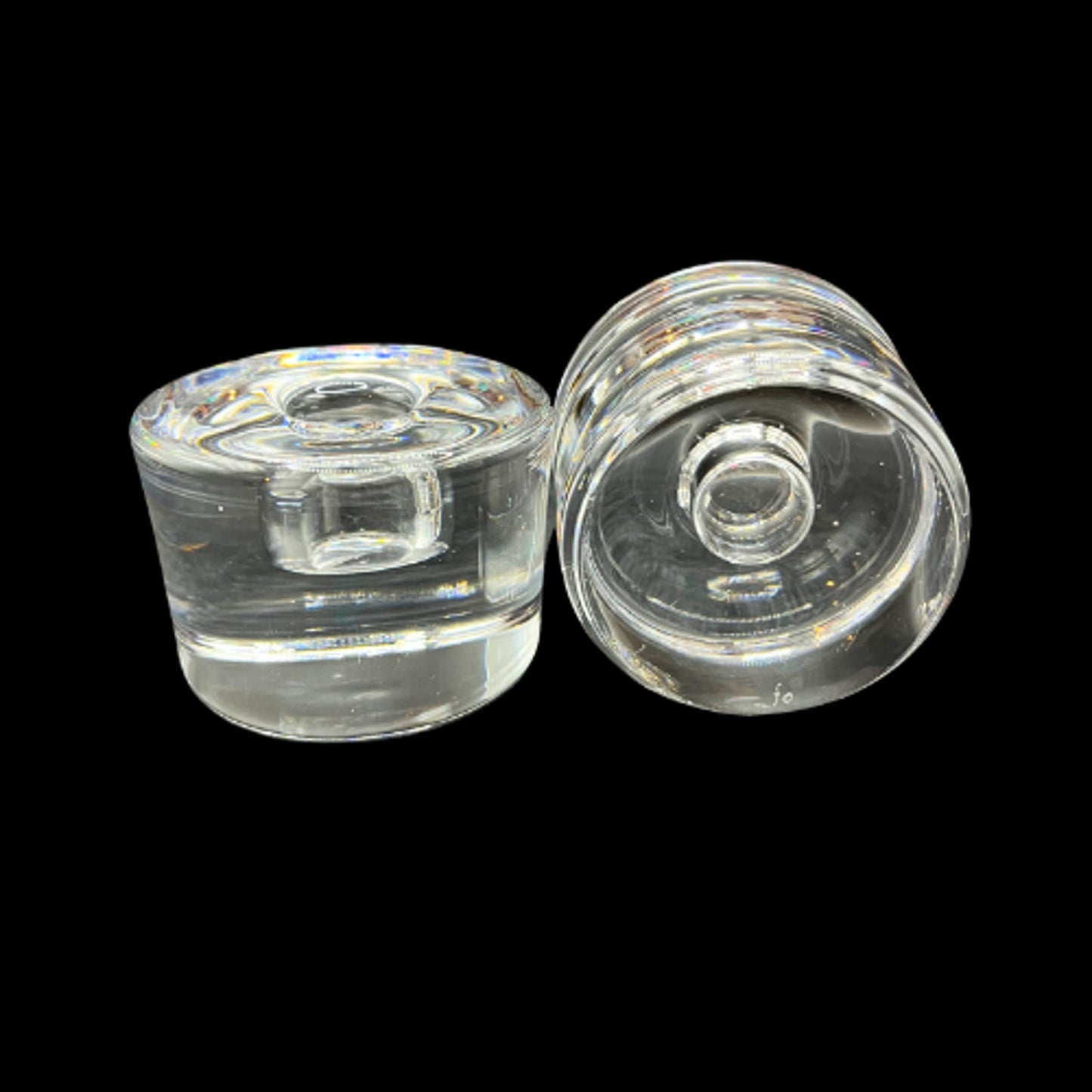 Orrefors Sweden Mid Century Crystal Puck Style Candlestick Holder Set of 2 Signed "FO" Frank Orrefors