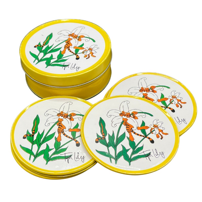 Vintage 1989 Petal Pets Tiger Lily Tin Coasters Set with Storage Tin 3.5 Inch