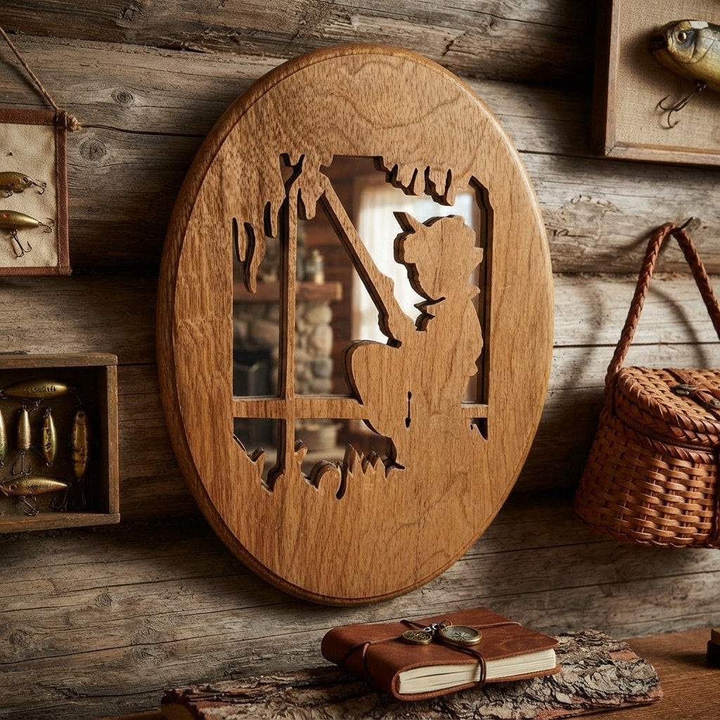 Vintage Handcrafted Wooden Scroll Saw Wall Mirror Plaque Boy Fishing