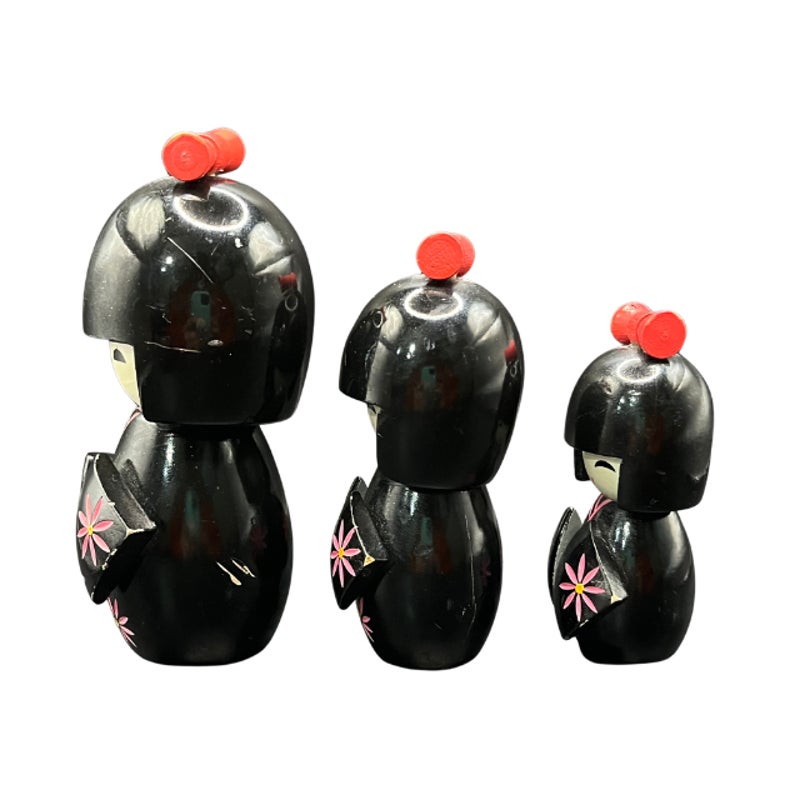 Vintage Japanese Kokeshi Dolls Set Hand Painted Black Kimonos Pink Floral