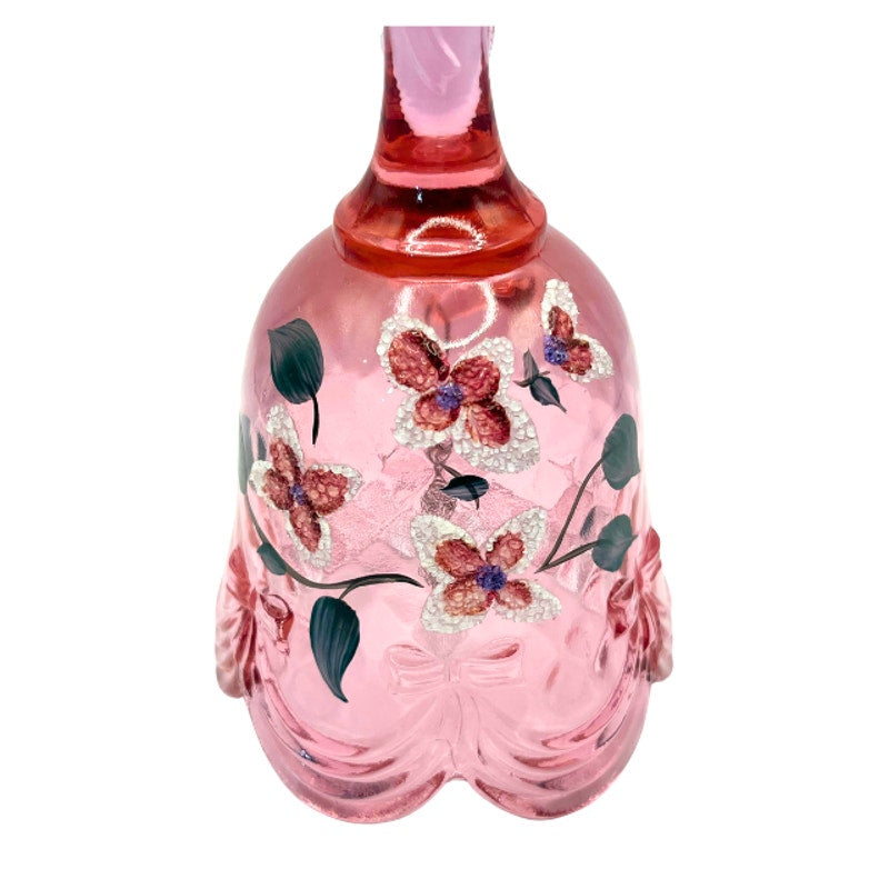 Vintage Fenton Rose Pink Art Glass Bell Hand Painted Signed S. Miller