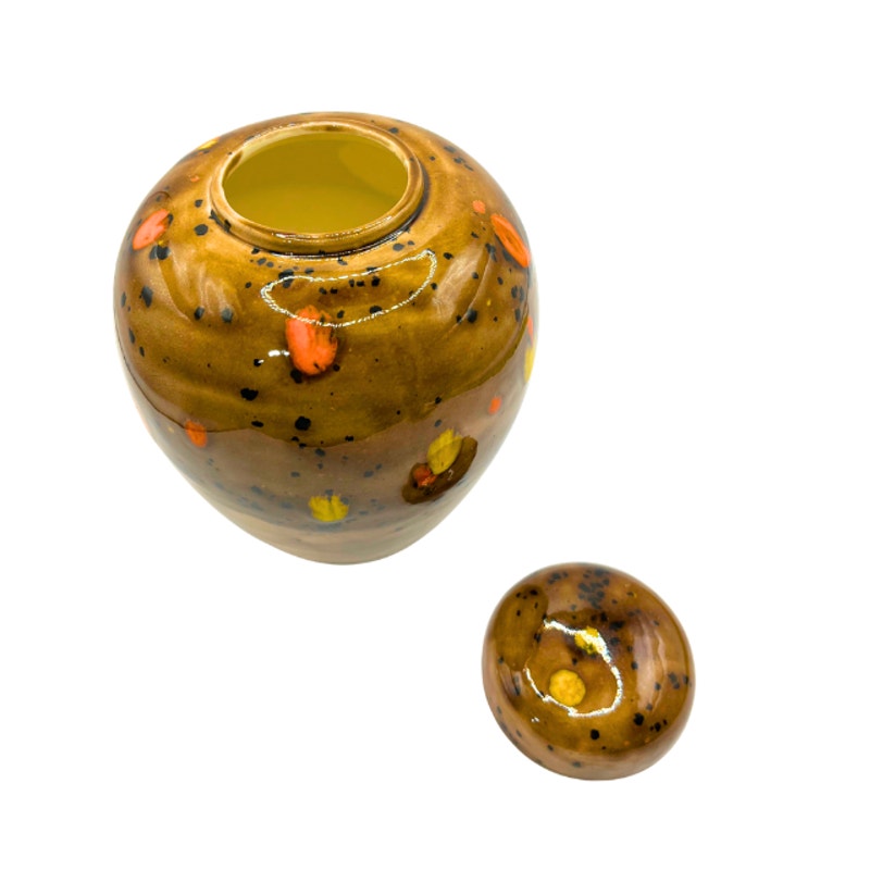 Vintage 70s Studio Pottery Lidded Jar Brown Speckled Glaze Orange Yellow Accents