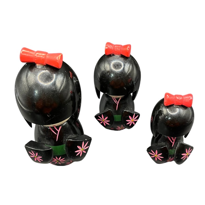 Vintage Japanese Kokeshi Dolls Set Hand Painted Black Kimonos Pink Floral