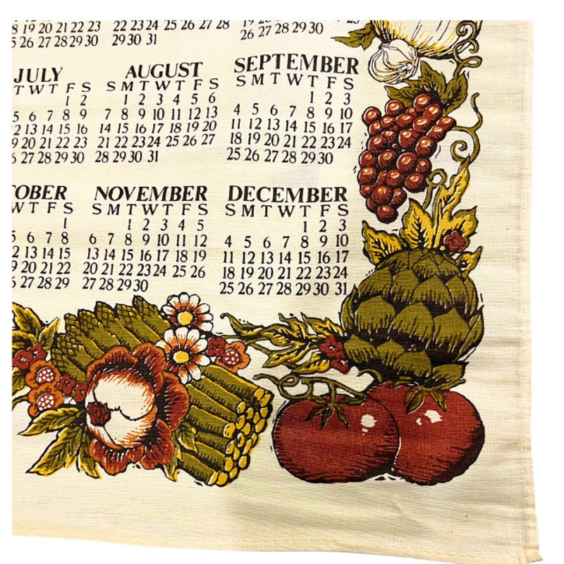 Vintage 1977 Harvest Calendar Tea Towel Fall Fruits Wall Hanging Linen