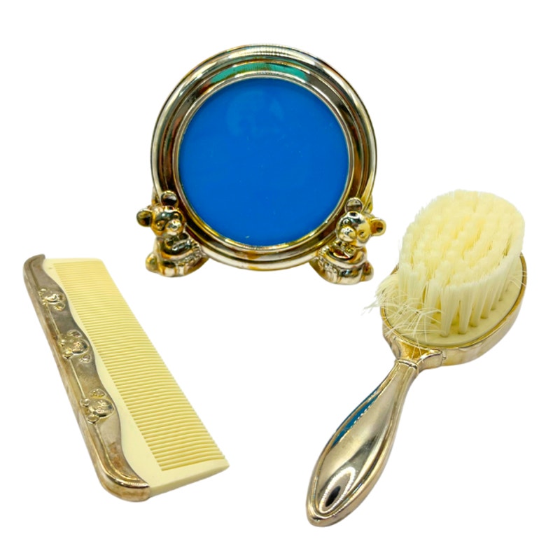 Vintage Silver Plated Baby Gift Set Teddy Bear Frame Brush Comb w/ Original Box