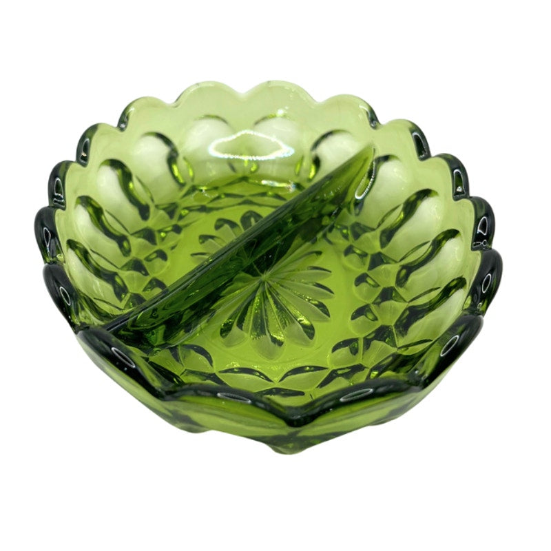 Vintage Anchor Hocking Fairfield Avocado Green Glass Oval Divided Relish Dish