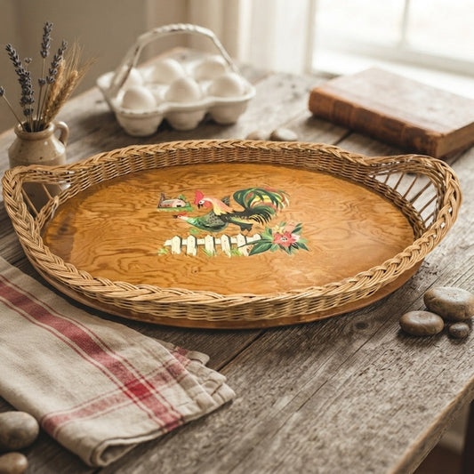 Vintage Oval Wooden Serving Tray Wicker Border Folk Art Rooster Farmhouse