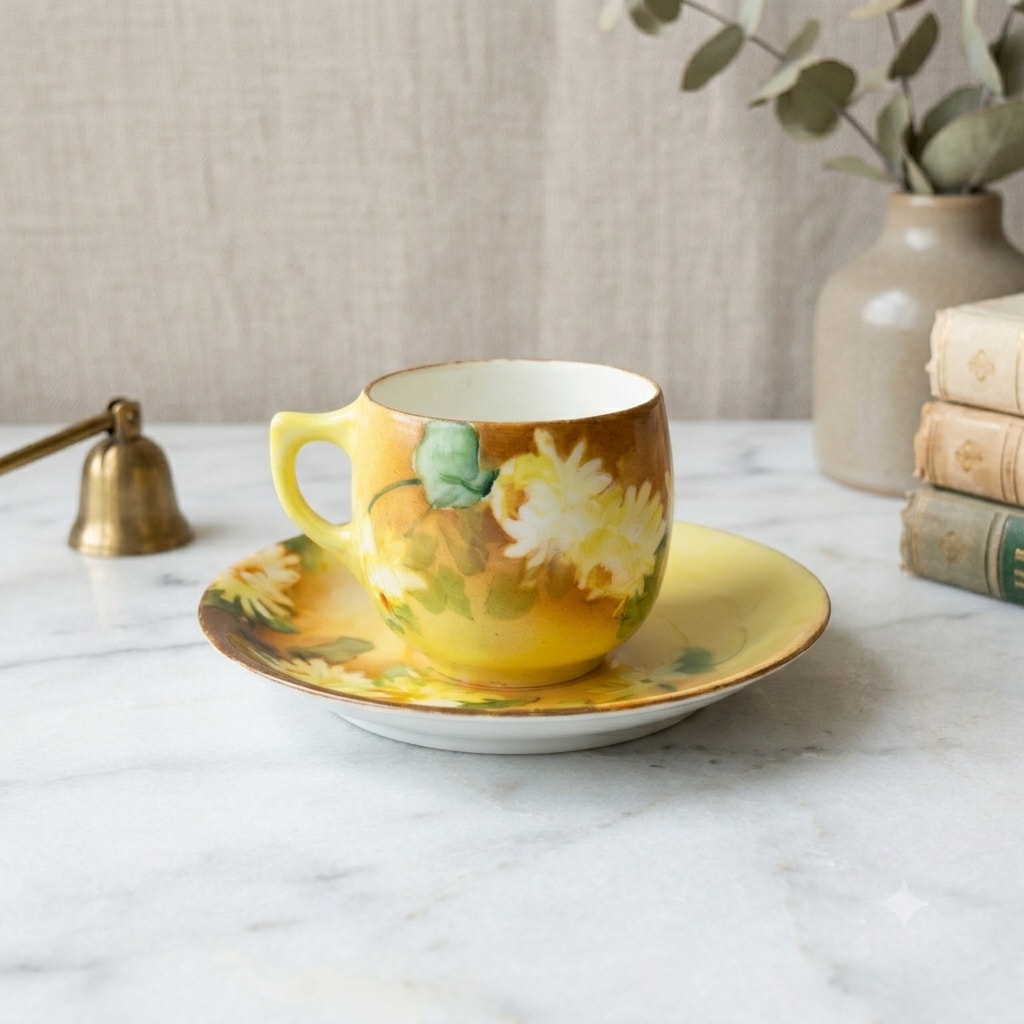 Antique Limoges Porcelain Teacup and Saucer Hand Painted Signed Edith V. Snall