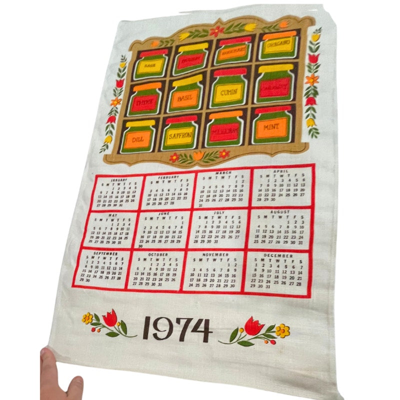 Vintage 1974 Spice Rack Calendar Tea Towel Herb Kitchen Wall Hanging Linen