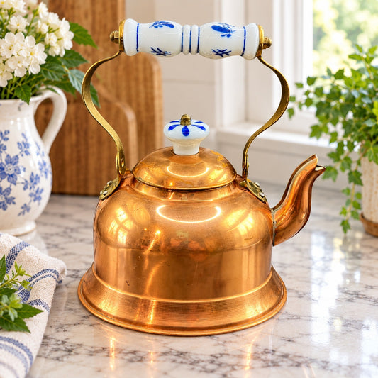 Vintage Portuguese Copper Tea Kettle Brass Handle Blue White Floral Porcelain