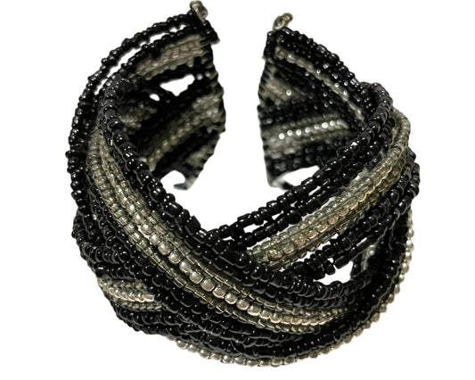 Handmade Beaded Cuff Bracelet - Black/ Gray/ Silver Tone Beads
