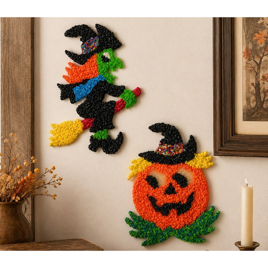 VTG Melted Plastic Popcorn Halloween Wall Hanging Jack-O-Lantern Witch Set of 2