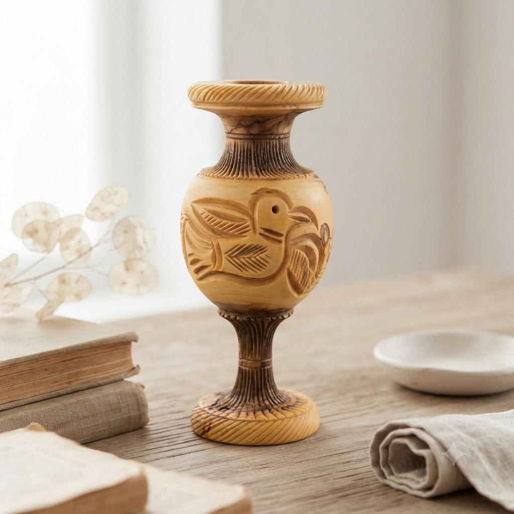 Tapered Olive Wood Candle Stick Holder Handcrafted Birds /Leaves Vintage 7"