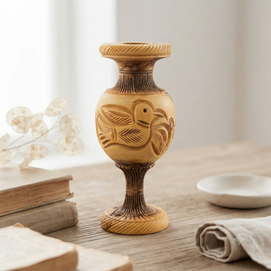 Tapered Olive Wood Candle Stick Holder Handcrafted Birds /Leaves Vintage 7"