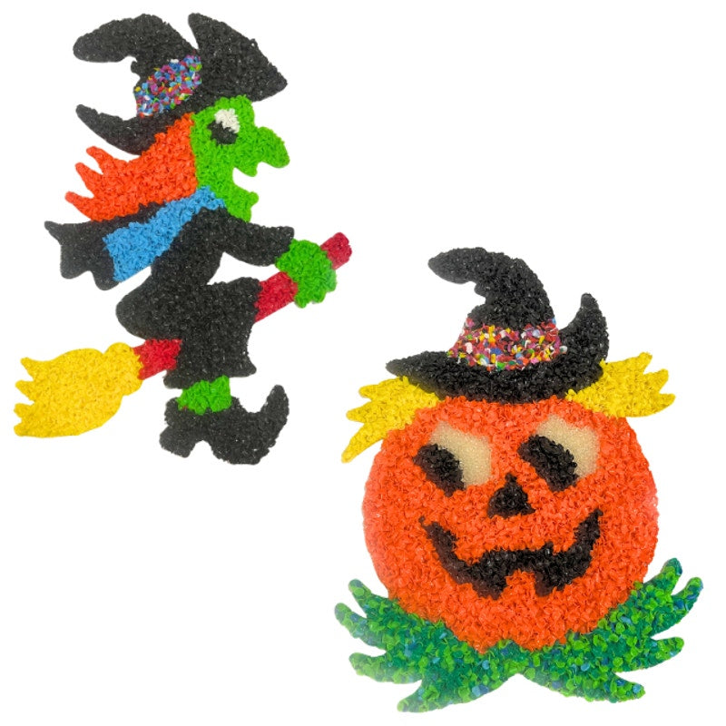 VTG Melted Plastic Popcorn Halloween Wall Hanging Jack-O-Lantern Witch Set of 2