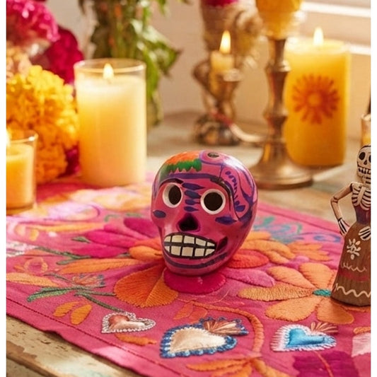 Handmade Ceramic Sugar Skull Figurine Pink Floral Day of the Dead Folk Art