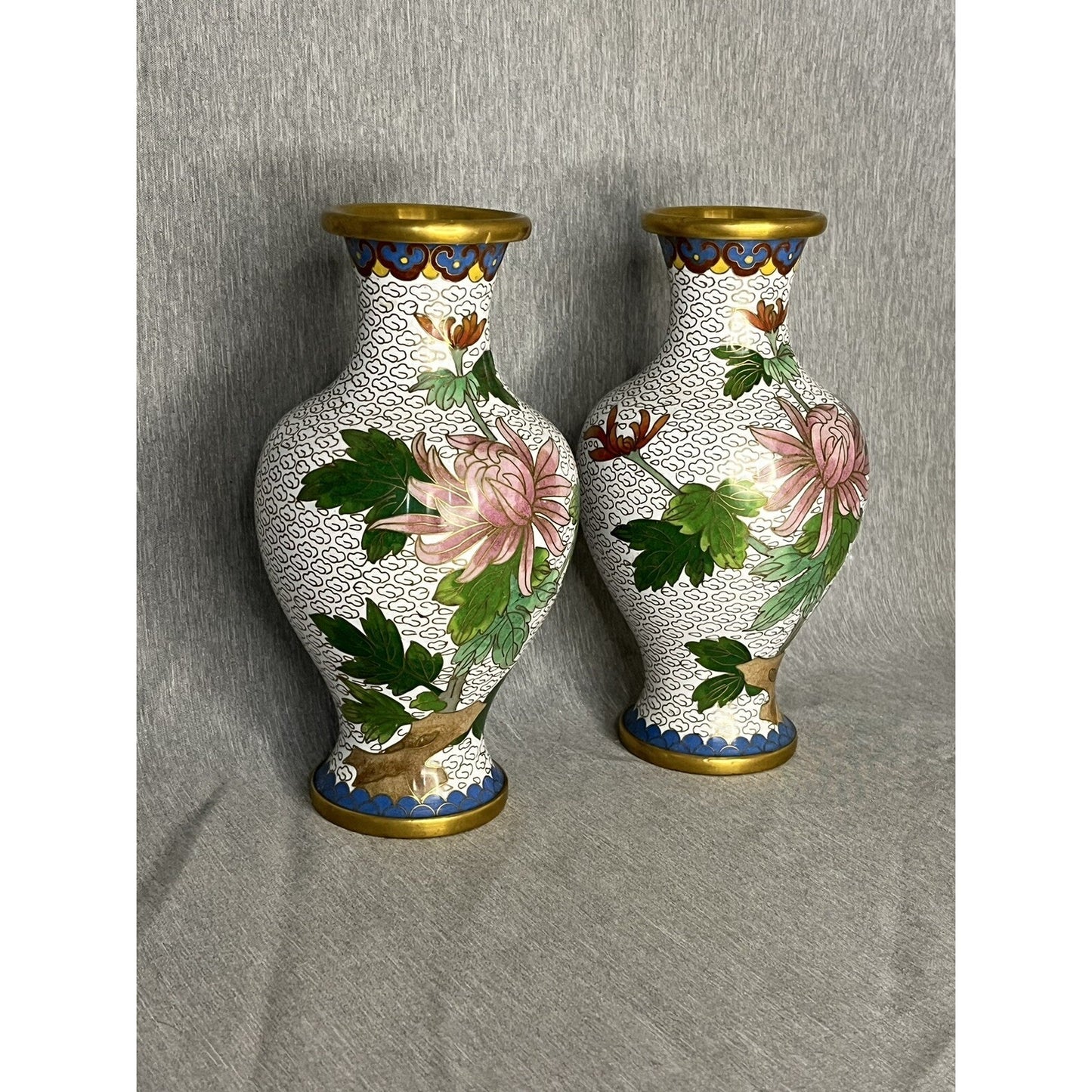 Pair Vintage White Cloisonne Vases Blue Pink Floral 6.5" Tall
