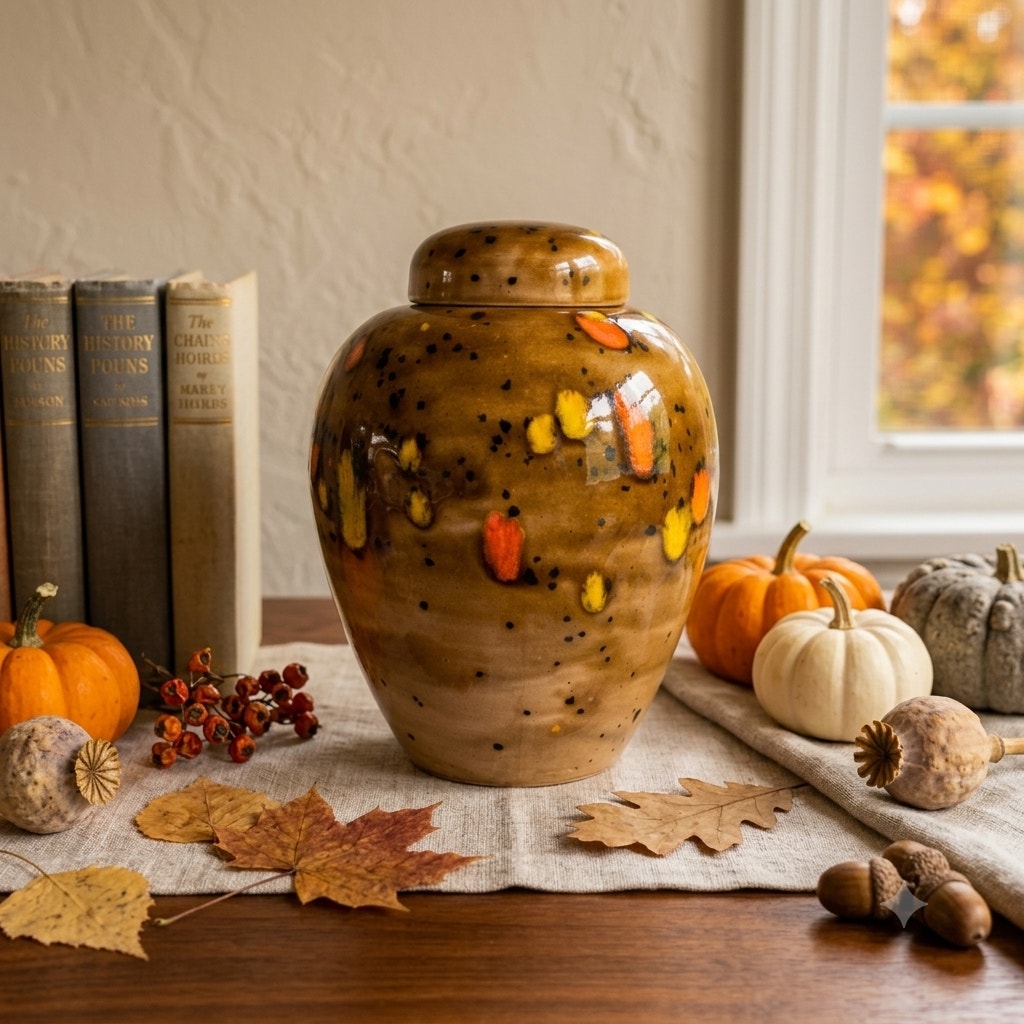 Vintage 70s Studio Pottery Lidded Jar Brown Speckled Glaze Orange Yellow Accents