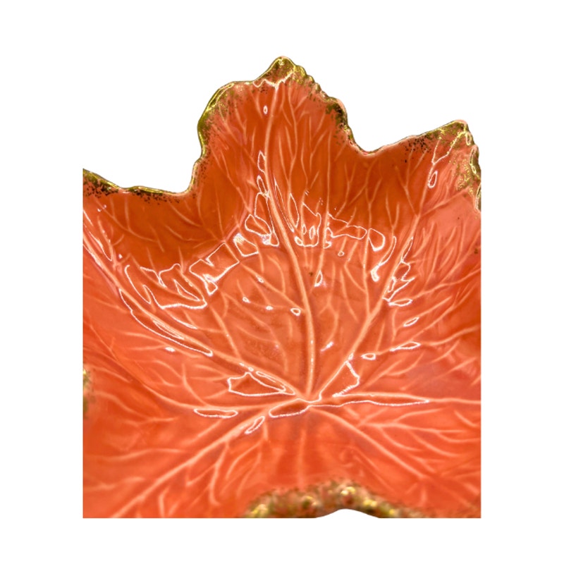 VTG California Pottery Maple Leaf Dish Coral Orange With Gold Trim USA 727