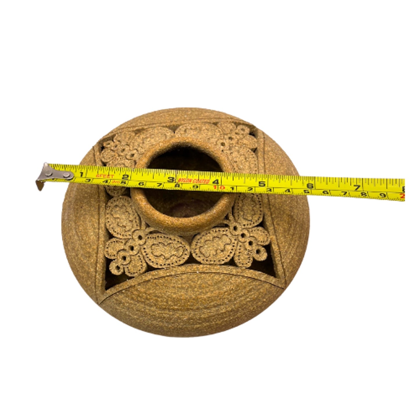 Handmade Tan Sandstone Pottery Butterfly Lace Cutout Candle Holder - Signed Art