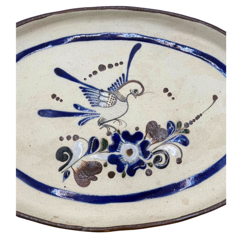 Vintage Tonalá Mexican Folk Art Pottery Serving Platter Bird Floral Oval Tray