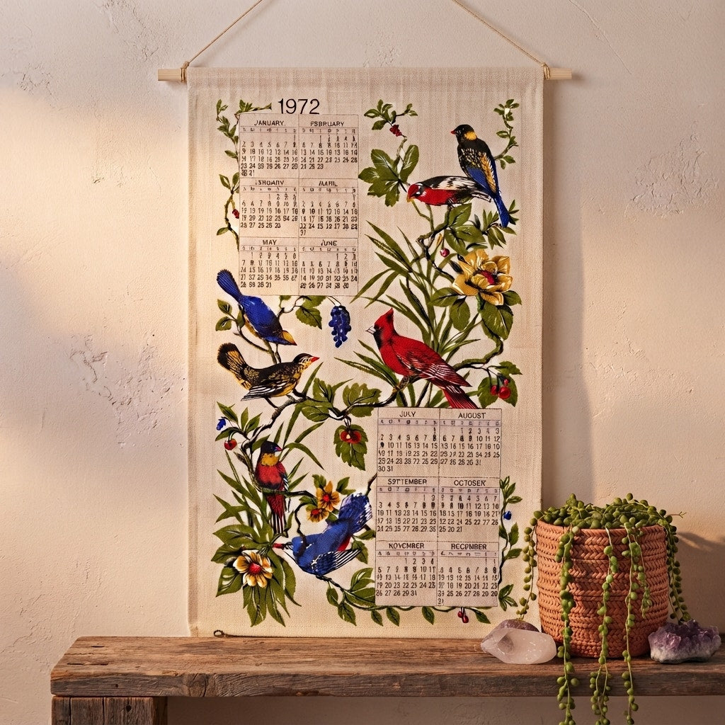 Vintage 1972 Songbirds Calendar Tea Towel Floral Bird Kitchen Wall Hanging Linen
