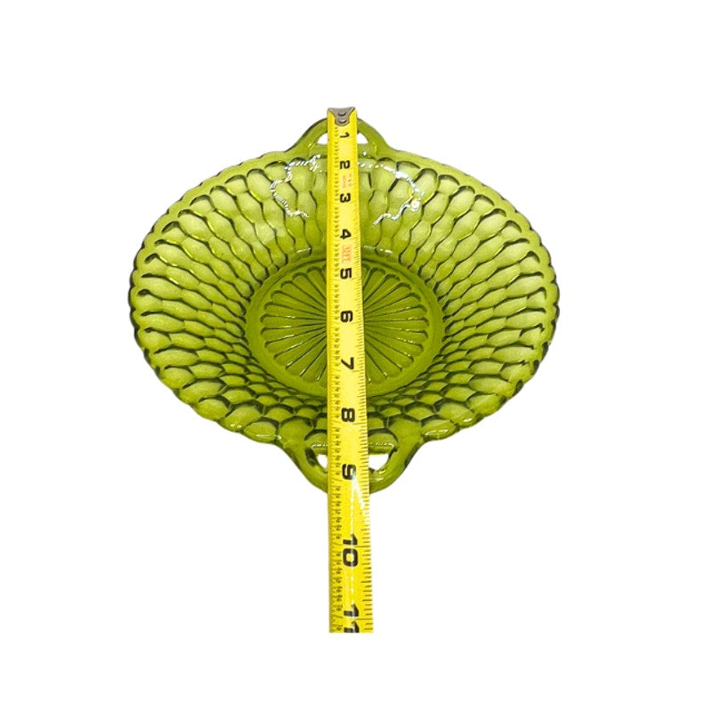 Vintage Indiana Glass Avocado Green Honeycomb Round Relish Dish Mid Century