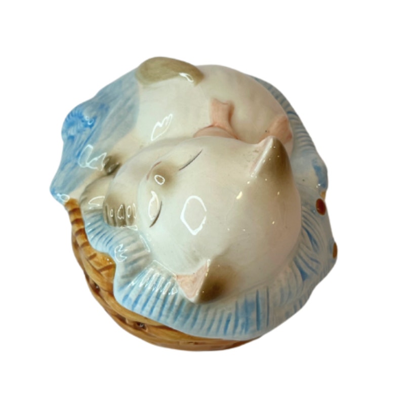 1980s Sleeping Kitten in Basket Potpourri Bead Holder Made in Japan For Avon