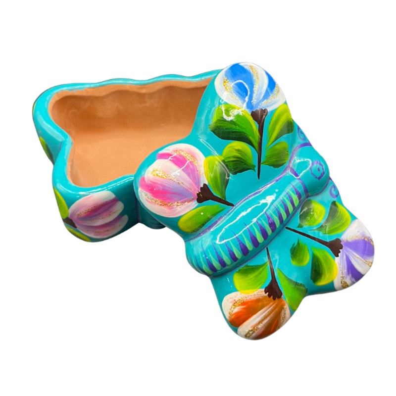 Vintage Mexican Folk Art Butterfly Pottery Trinket Box Turquoise Floral