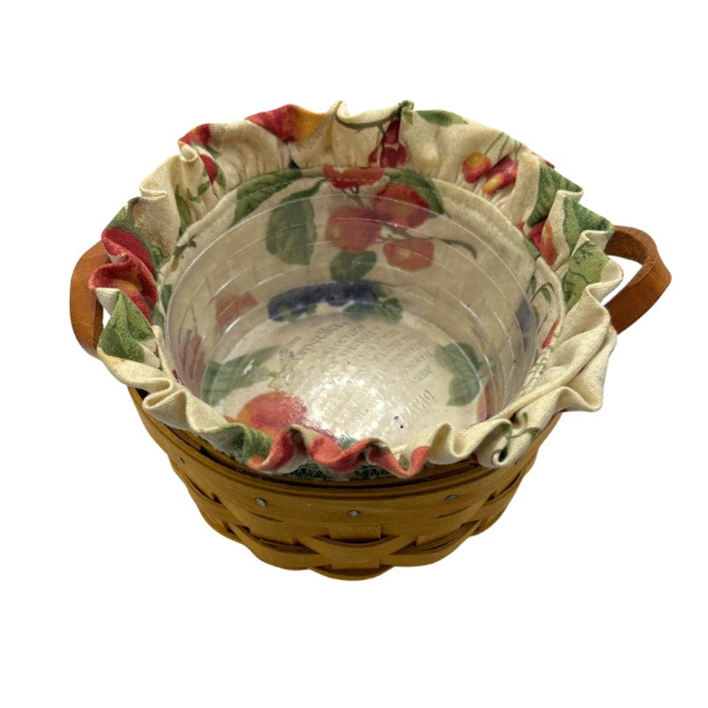 Vintage Longaberger Round Handwoven Wood Basket Leather Handles Fruit Liner