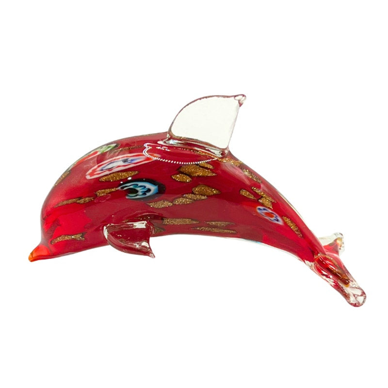 Murano Style Red Aventurine Dolphin Sculpture Blown Art Glass with Millefiori