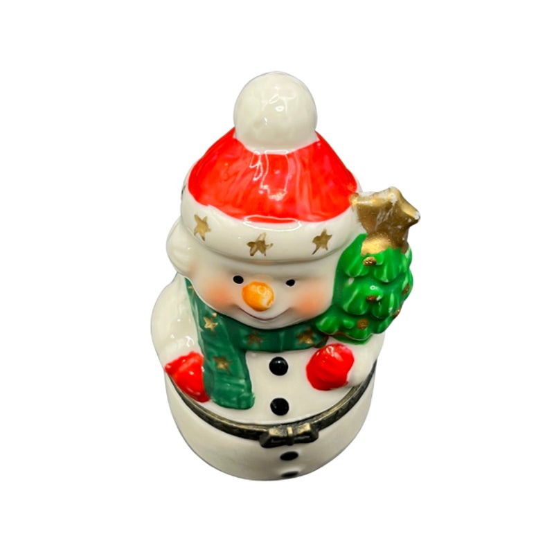 Vintage Ceramic Snowman Hinged Trinket Box Holiday Figurine Keepsake 3 In
