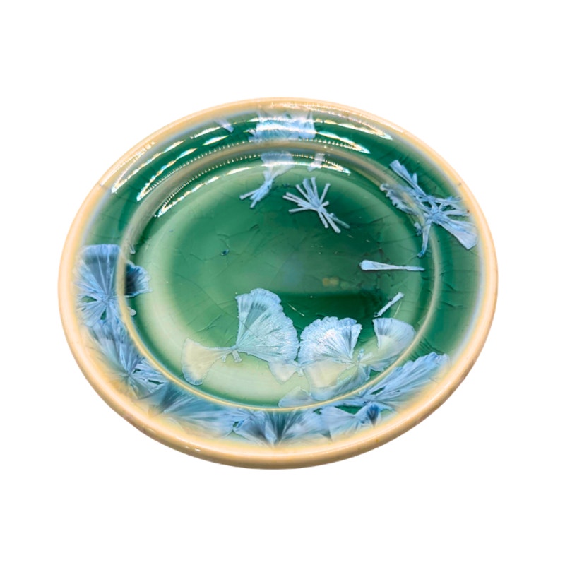 Signed Studio Pottery Art Plate Green Glaze Blue Crystalline Wall Hanging Dish