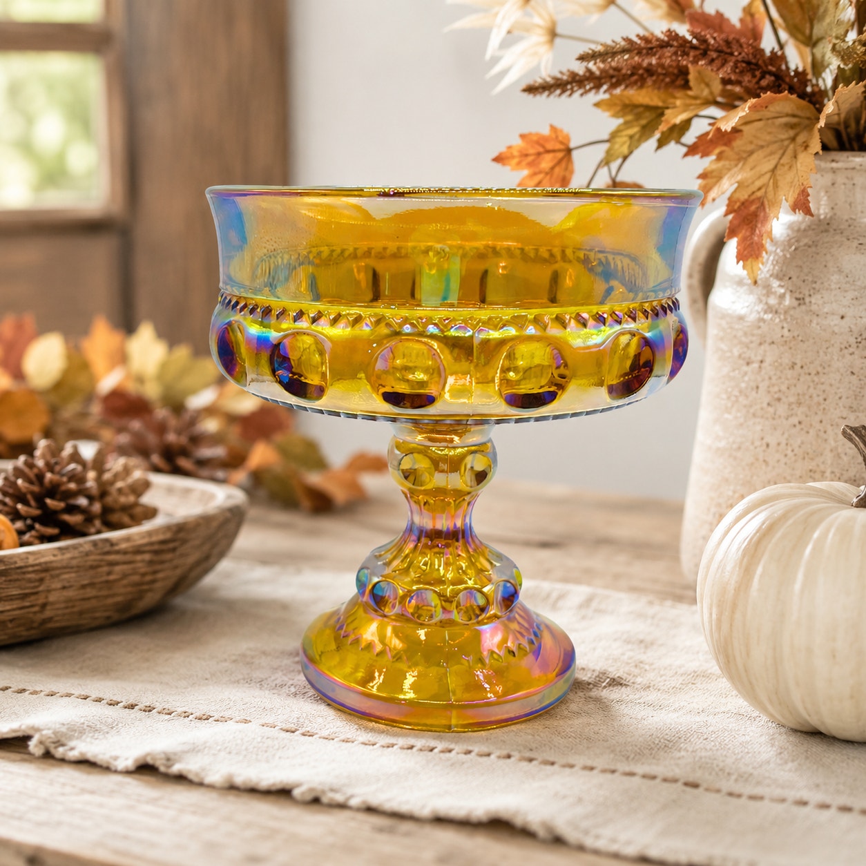 Vintage Indiana Glass Kings Crown Marigold Carnival Glass Pedestal Compote Dish