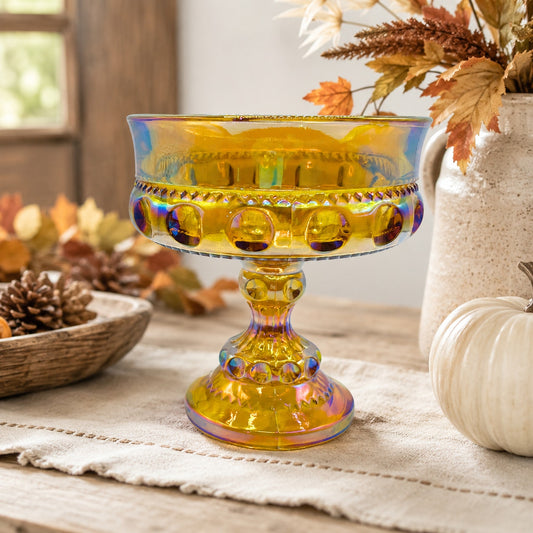 Vintage Indiana Glass Kings Crown Marigold Carnival Glass Pedestal Compote Dish