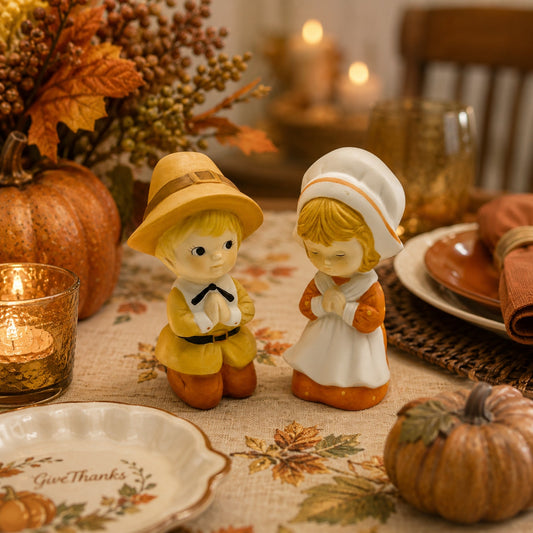 Vintage Lunds Lites Kneeling Pilgrim Figurines Set Thanksgiving Decor