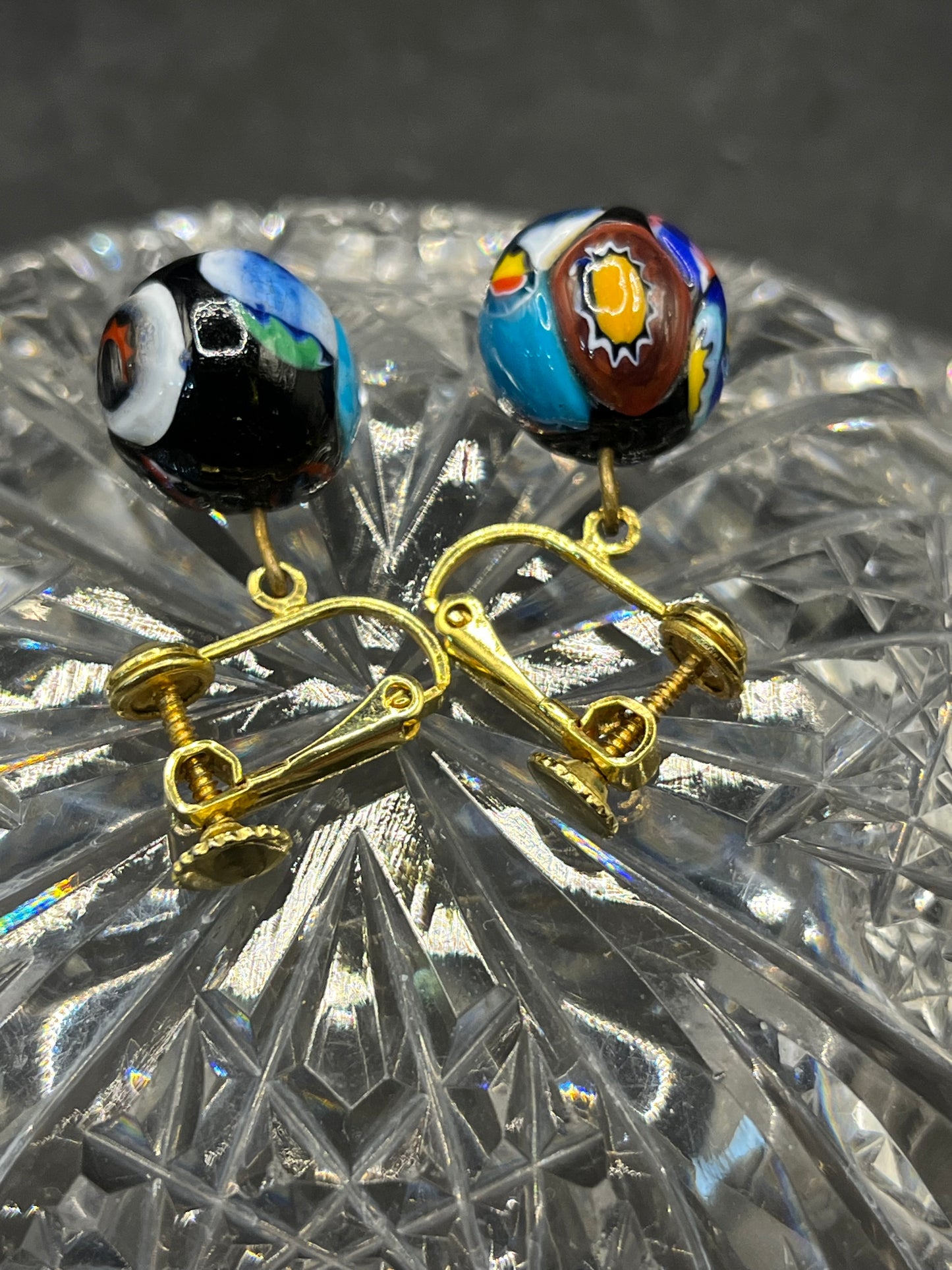 Vintage Millefiori Art Glass ClipOn Earrings