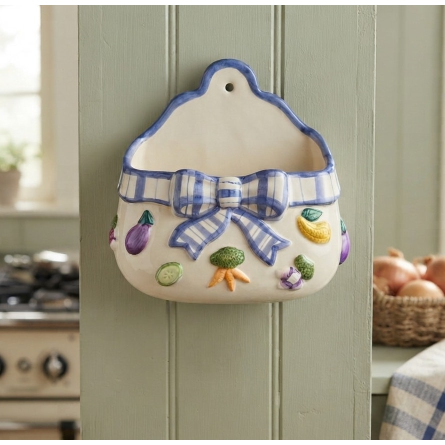 Vintage Fitz and Floyd Ceramic Gingham Bow Vegetable Wall Pocket Planter