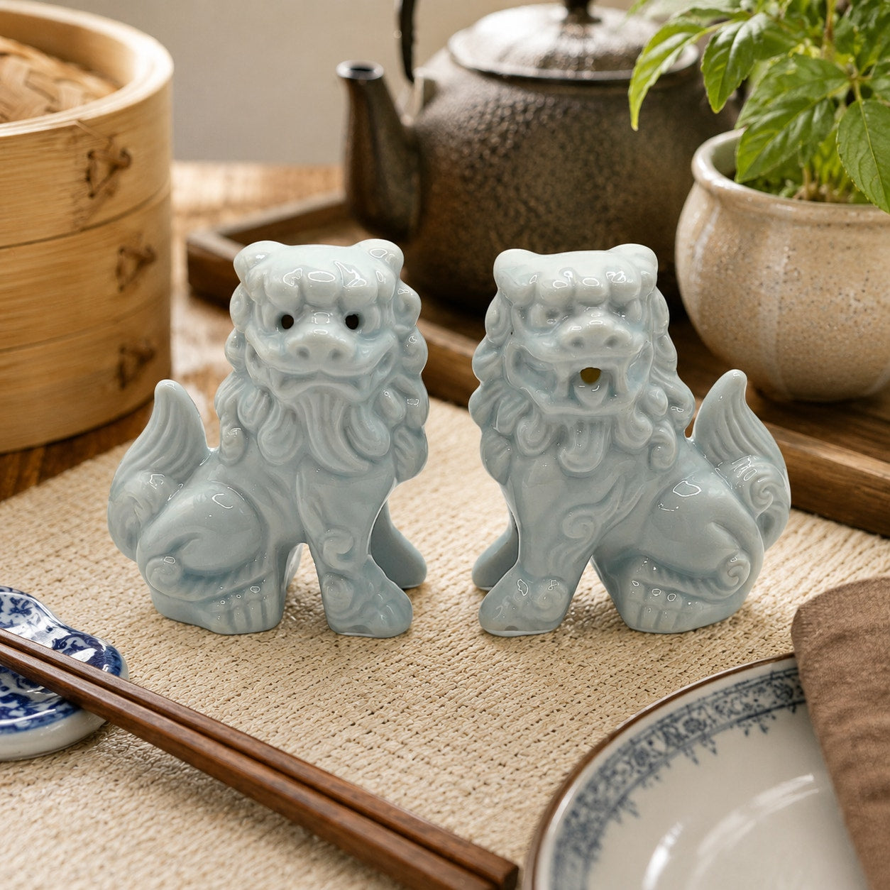 Vintage Light Blue Porcelain ShiShi Lion Foo Dog Salt and Pepper Shakers