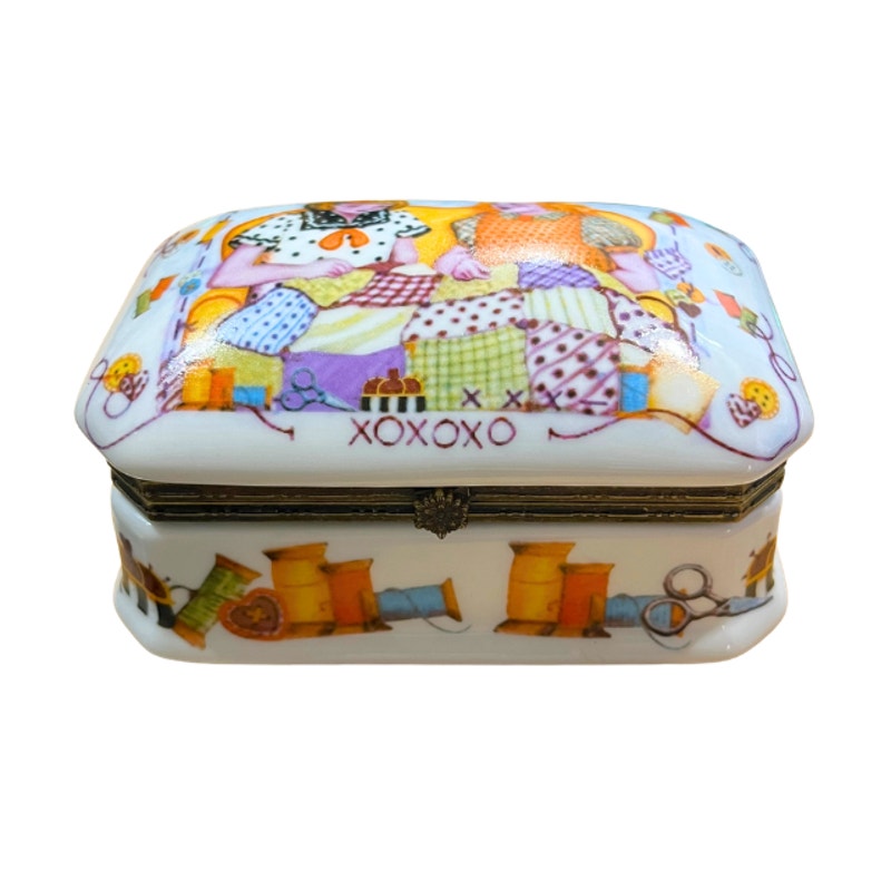 Vintage Imperial Porcelain Sewing Inspired Trinket Box Hinged