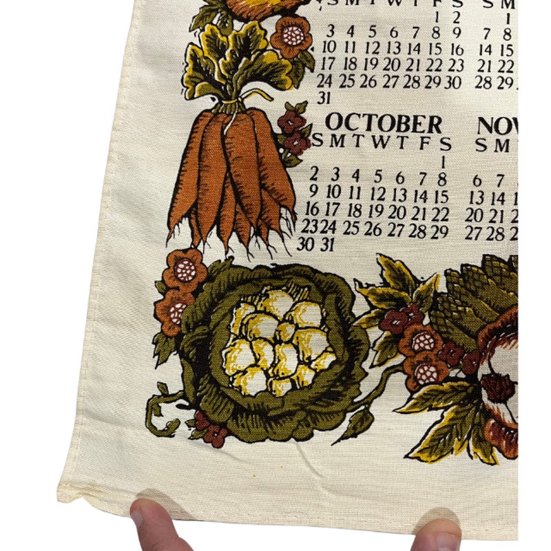 Vintage 1977 Harvest Calendar Tea Towel Fall Fruits Wall Hanging Linen