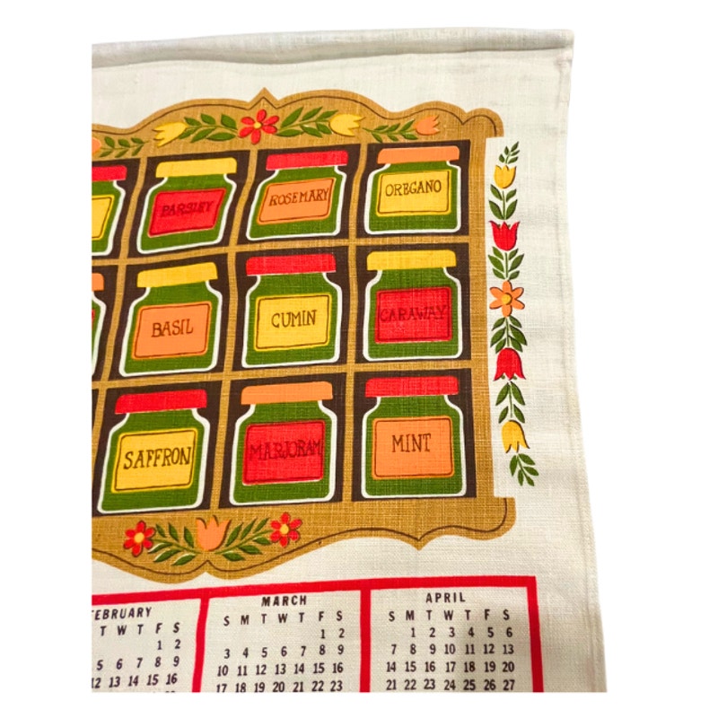 Vintage 1974 Spice Rack Calendar Tea Towel Herb Kitchen Wall Hanging Linen