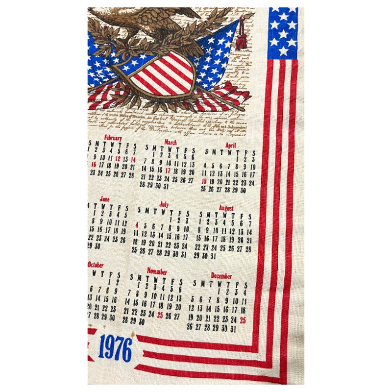 Vintage 1976 Bicentennial Linen Calendar Wall Hanging Tea Towel American Eagle