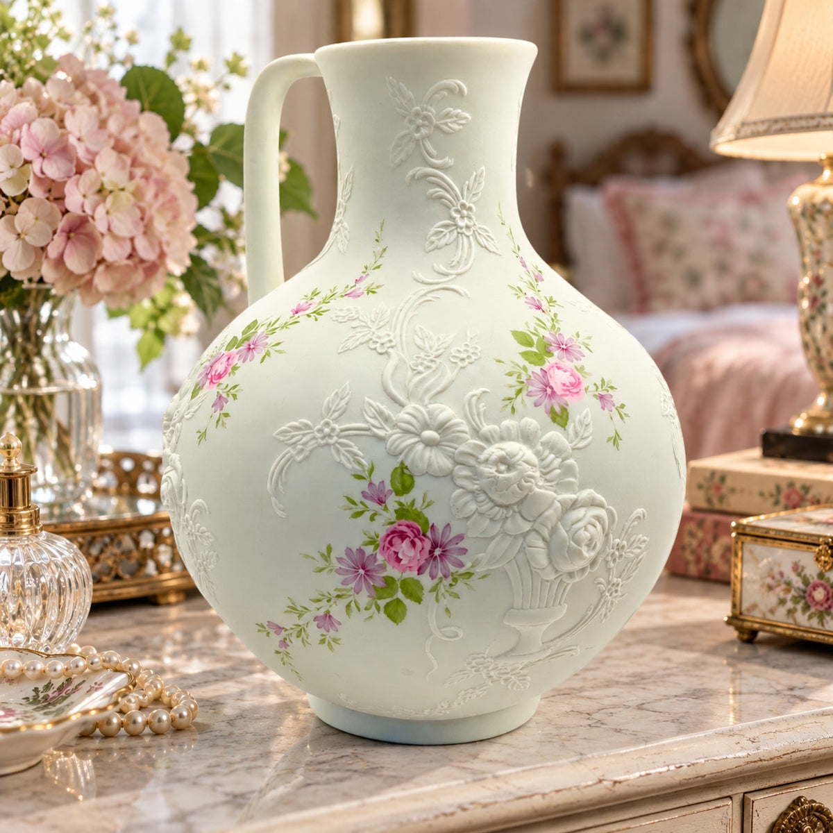 Vintage Kaiser W. Germany Porcelain Bisque Monaco Pitcher Vase Relief Floral
