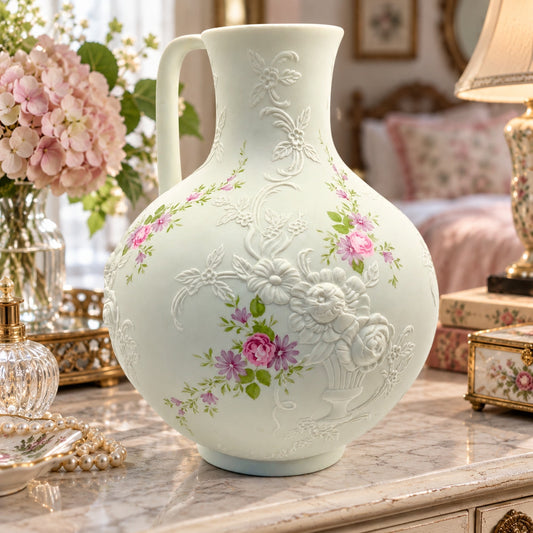 Vintage Kaiser W. Germany Porcelain Bisque Monaco Pitcher Vase Relief Floral