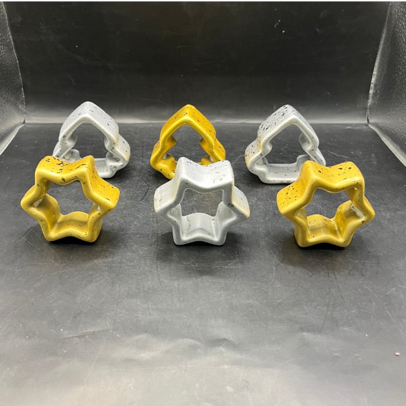 Vintage Weeping Gold & Silver Ceramic Christmas Tree Star Napkin Rings Set 6
