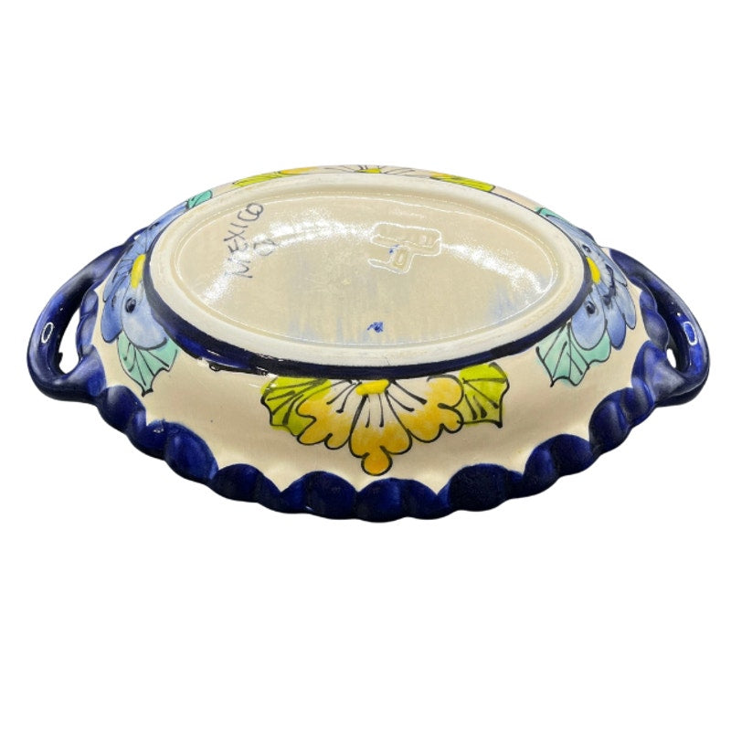 Vintage Mexican Pottery Oval Serving Dish Double Handle Hand Painted Floral